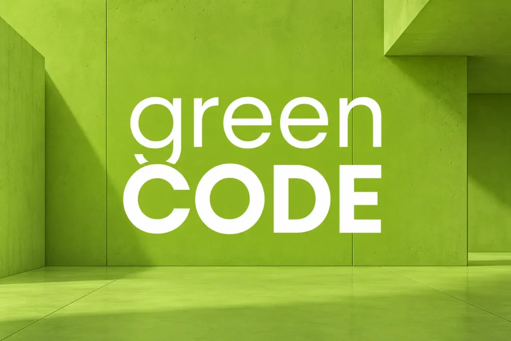 Logo Green Code na zelenom architektonickom pozadí